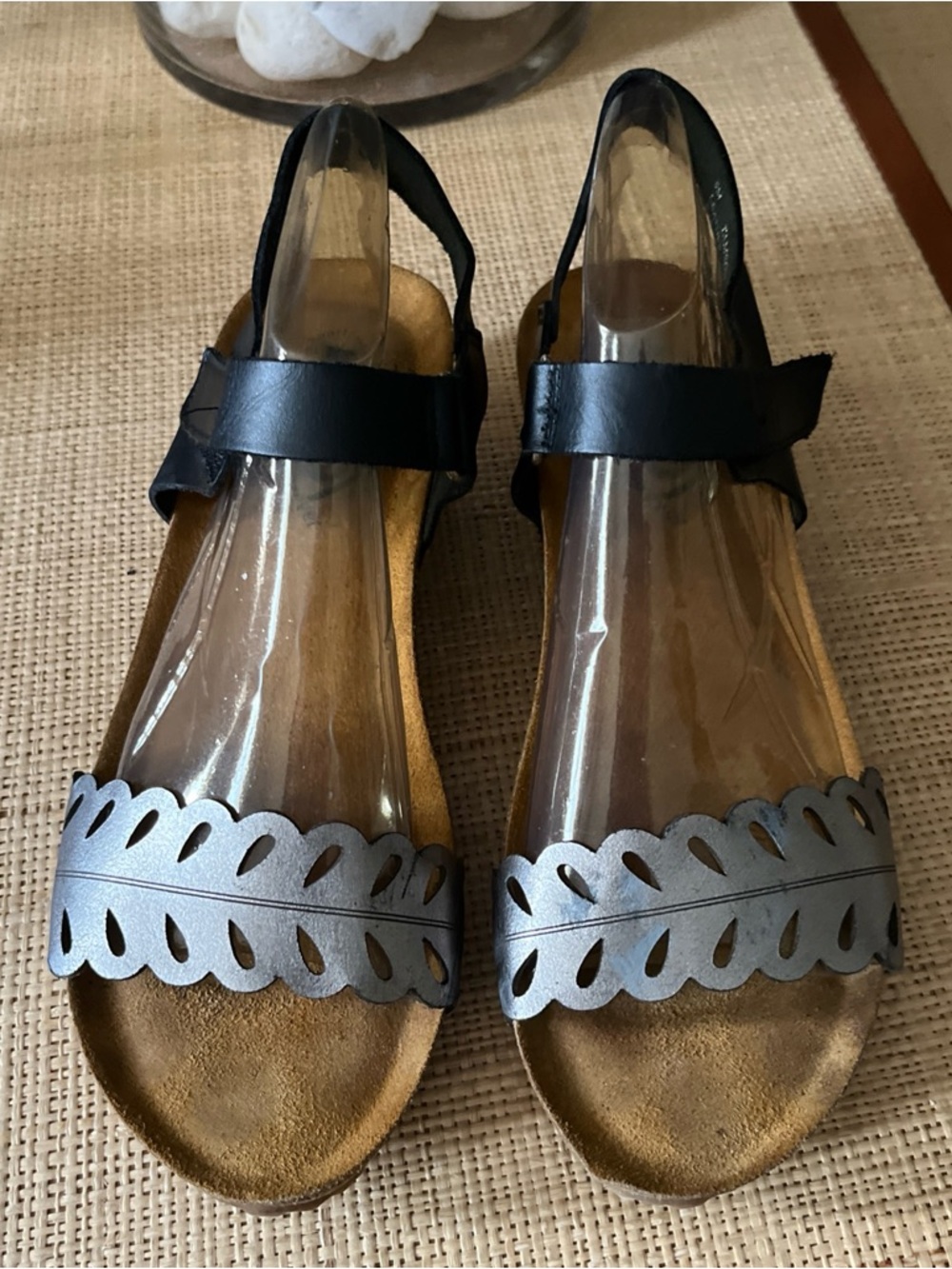 OTBT Black Ankle Strap Sandals with Silver‎ Cutout Toe Band